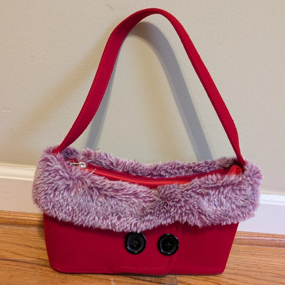 Red Sweater Purse Bag With Fur Lining And Buttons